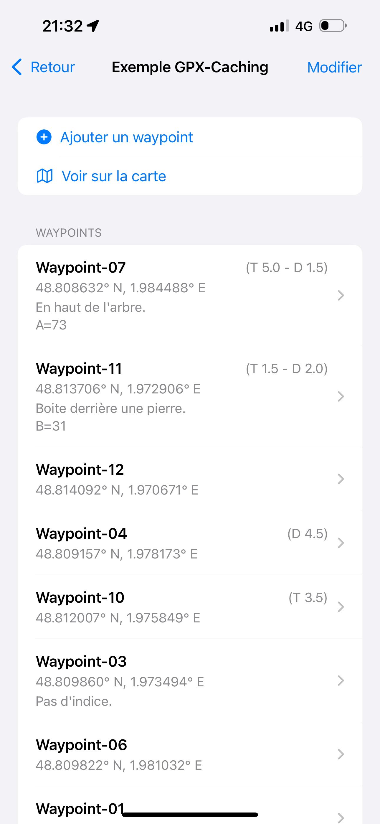 Liste des waypoints